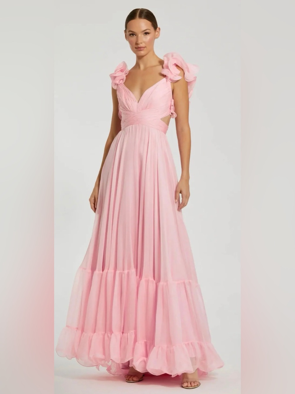 Mac Duggal Women's Pink Ruffle Tiered Cut-Out Chiffon Gown Dress Size 4